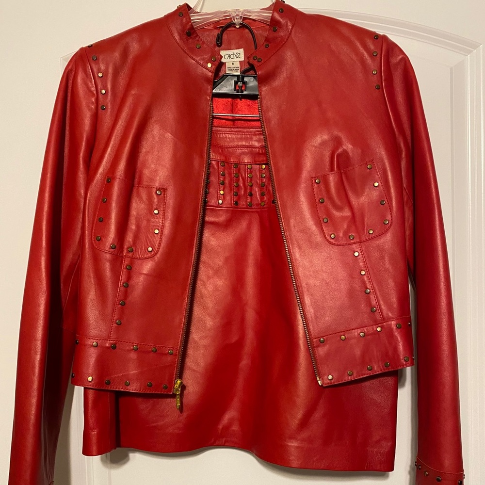 Red leather jacket and matching skirt
